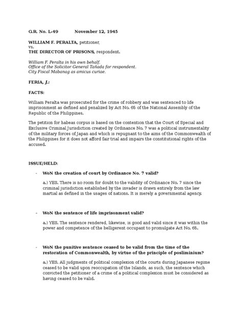 peralta v. director of prisons, 75 phil. 285|Case Digest: WILLIAM F. PERALTA v. DIRECTOR OF PRISONS.